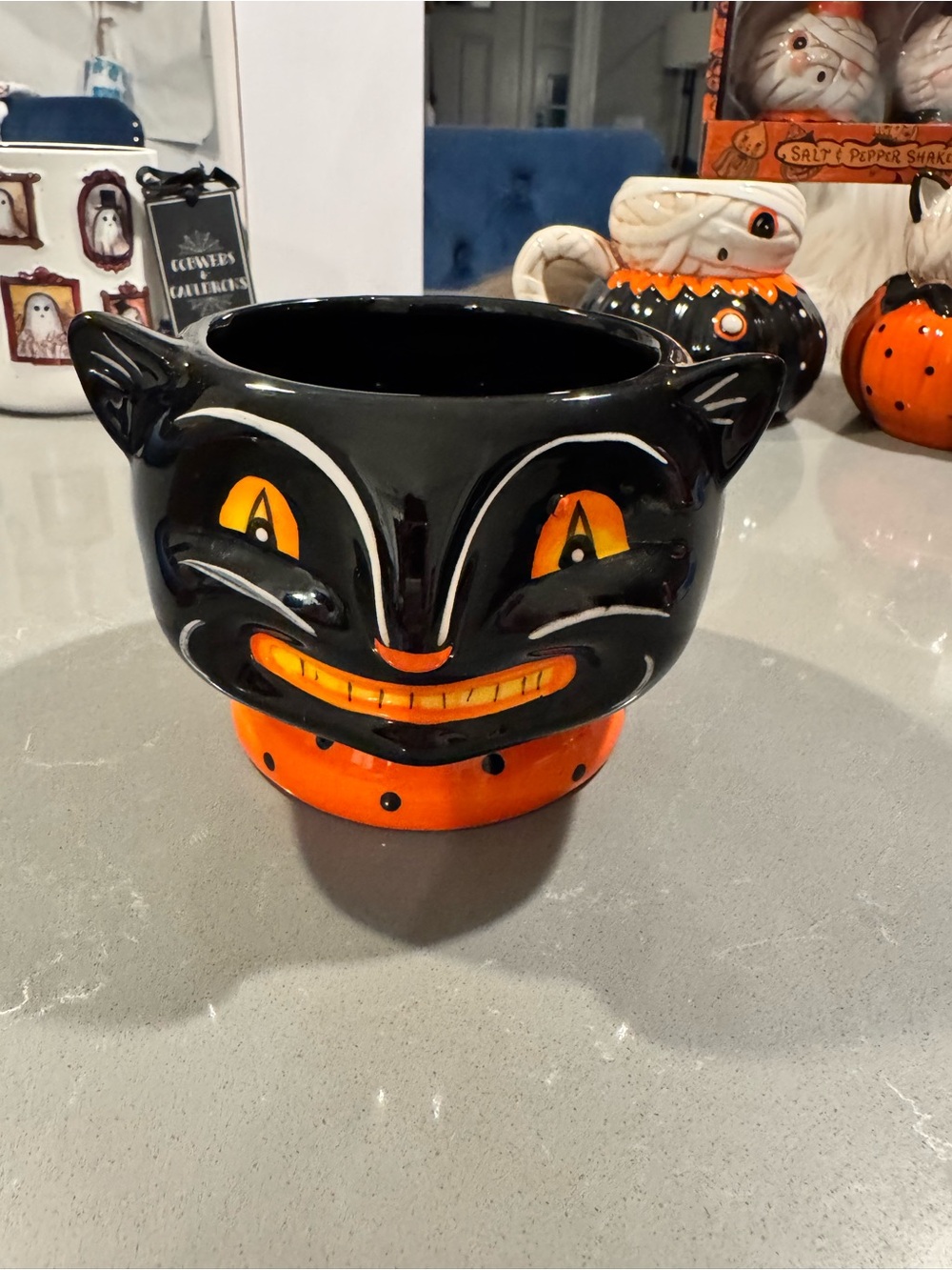 Johanna Parker Black and Orange Ceramic Cat Bowl - Halloween Décor